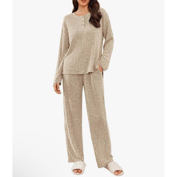 Ekouaer Other - Ekouaer Womens Ribbed Knit Lounge Set Long Sleeve Henley Neck Size L